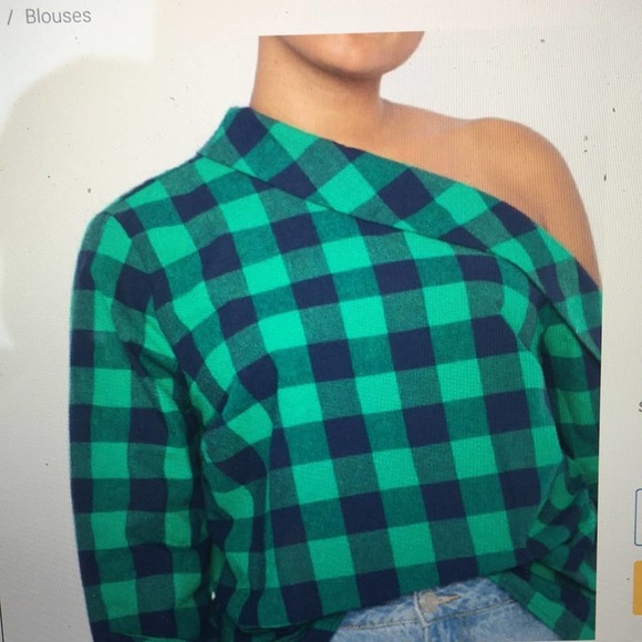 Eloquii Tops - Eloquii Blue Green Bufflao Check One Shoulder Top NWOT 16